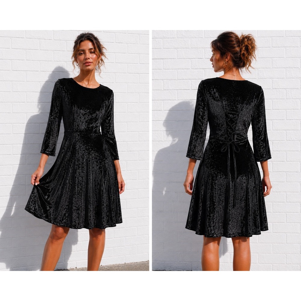 Vintage Black Crushed Velvet Dress Lace Up Back Goth 90s Dress 14